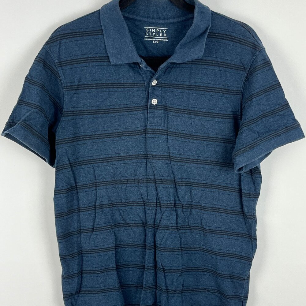 Simply Styled Polo Shirt Size L Blue Striped Short Sleeve Button Up Stretch Cott